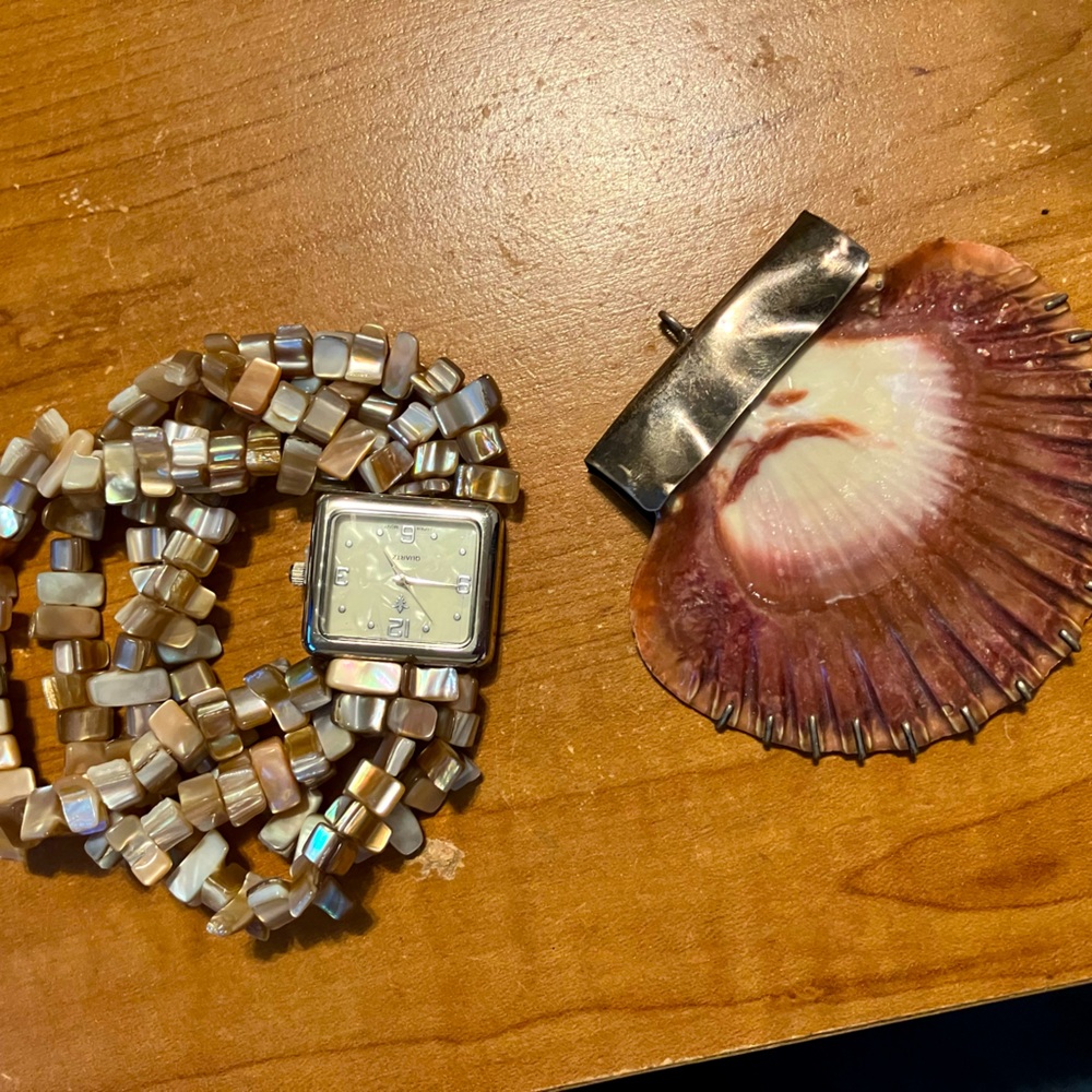 Old shell pendant and watch. Unknown if watch still works